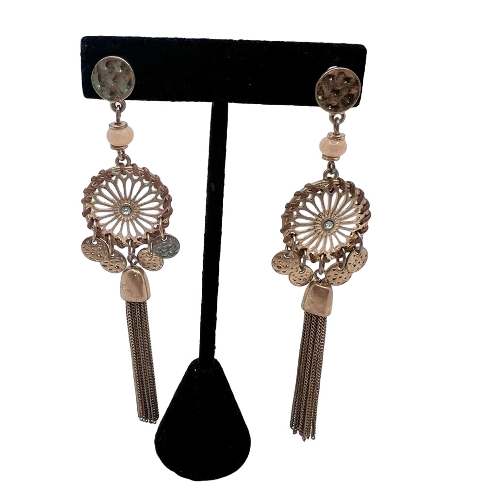 🍭6/$30 Gold tone medallion tassel fringe chain dangle drop earrings